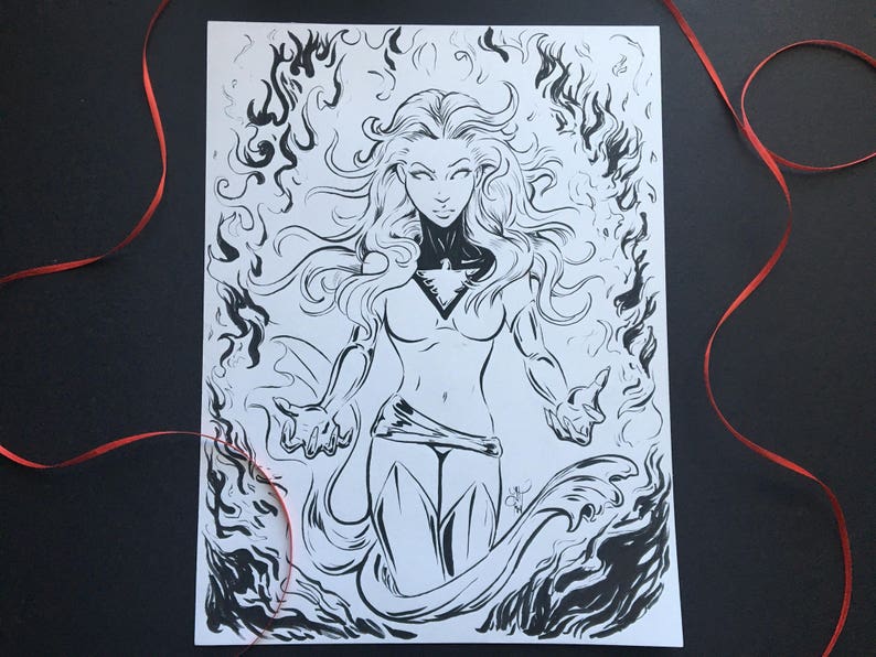 May include: Black and white line art illustration of a woman with long flowing hair and a fiery background. She is wearing a costume with a large, stylized collar.