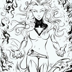 May include: Black and white line art illustration of a woman with long flowing hair and a bird symbol on her chest. She is surrounded by flames.