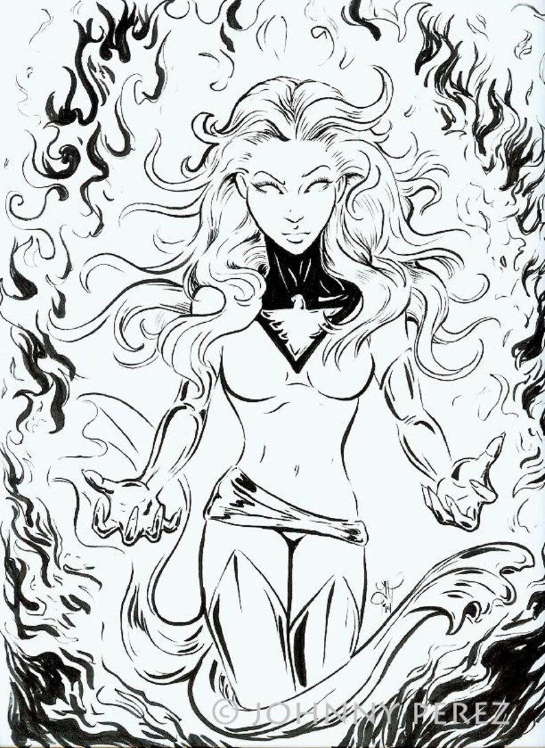 May include: Black and white line art illustration of a woman with long flowing hair and a bird symbol on her chest. She is surrounded by flames.