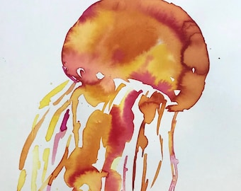 Watercolor Jellyfish "Jelly Belly" by Jess Buhman, 9" x 12" Watercolor Ocean Painting, Ocean Animal Art, Nautical Art