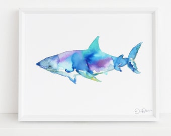 Shark Print Instant Download, "Great White" by Jess Buhman, Printable 10" x 8" watercolor art, Digital Shark Print