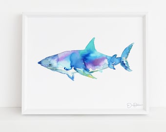 Shark Watercolor Print | "Great White" by Jess Buhman, Shark Painting, Shark Print Ocean Art, Ocean Animal Art, Nursery Art, Ocean Painting