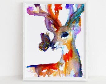 Deer Watercolor Print | "Butterfly Kisses" by Jess Buhman, Multiple Sizes, Select Your Size, Holiday Print, Buck Painting, Woodland Art