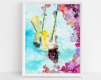 Watercolor Portrait Instant Download, "Swing Life Away" by Jess Buhman, Digital File, 8" x 10" Print of Girl Swinging Garden Abstract Art