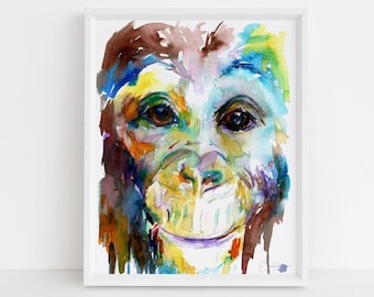 Chimp Watercolor Print | "Chimp off the Old Block" by Jess Buhman, Choose Your Size, Animal Painting, Nursery Decor, Monkey Art, Jungle Art