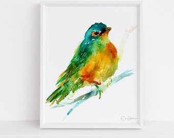 Bird Watercolor Print | "Cooper the Green Bird" by Jess Buhman, Multiple Sizes, Wall Art, Bird Painting, Home Decor, Choose Your Size