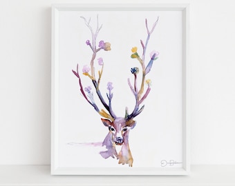 Buck Watercolor Painting Print, Deer Watercolor Painting, Flowers Watercolor, Antlers Painting, Nursery Art, Nursery Watercolor, Deer Art