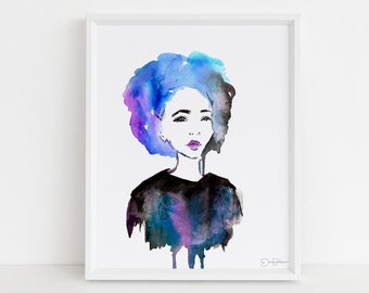 Watercolor Woman Face | "Beautifully Blue" by Jess Buhman, Multiple Sizes, Select Your Size, Watercolor Portrait, Afro Print, Minimal Art