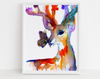 Deer Watercolor Painting Print | "Butterfly Kisses" by Jess Buhman, Select Your Size, Deer Painting, Painting of Deer,  Nursery Art