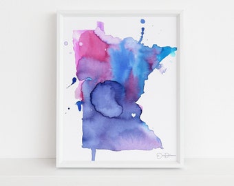 Minnesota Painting | "Twin Cities Love" by Jess Buhman, Multiple Sizes, Select Your Size, Abstract State Watercolor Art, MN Art, Minneapolis