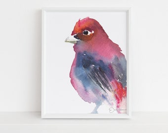 Watercolor Bird Print|  "Stella the Stunner" by Jess Buhman, Multijple Sizes, Select Your Size, Scarlet Tanager Bird Art, Abstract Bird Art