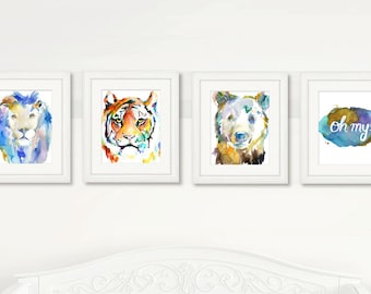 Lions, Tigers, and Bears, Oh My! Set of 4 Watercolor Prints, Nursery Art, Watercolor Nursery Prints, Animal Paintings, Animal Art, Print Set