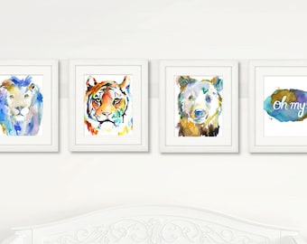 Lions, Tigers, and Bears, Oh My! Set of 4 Watercolor Prints, Nursery Art, Watercolor Nursery Prints, Animal Paintings, Animal Art, Print Set