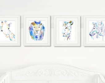 Pastel Safari Set of 4 Watercolor Prints, Nursery Art, Watercolor Nursery Prints, Animal Paintings, Animal Art, Print Set, Zoo Animal Prints