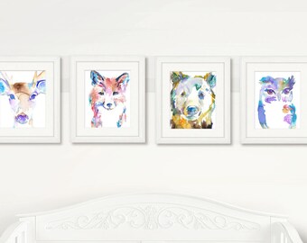 Blue Woodland Set of 4 Watercolor Prints, Nursery Art, Watercolor Nursery Prints, Animal Paintings, Animal Art, Print Set, Woodland Animals