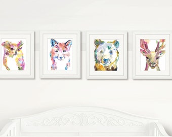 Pink Woodland Set of 4 Watercolor Prints, Nursery Art, Watercolor Nursery Prints, Animal Paintings, Animal Art, Print Set, Woodland Animals