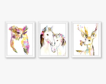 Pink and Gold Nursery Set of 3 Watercolor Prints, Nursery Art, Watercolor Nursery Prints, Woodland Art, Nursery Watercolor Prints, Horse Art