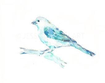 Print of Original Painting "Little Blue" by Jessica Buhman Yellow Blue Green Bird