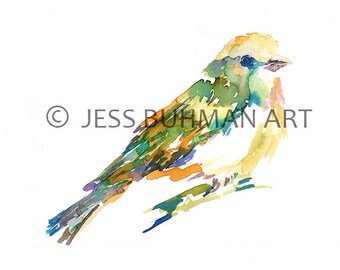 Print of Original Watercolor Painting, Titled: Pretty and Perched by Jessica Buhman Yellow Bird Green Purple Blue