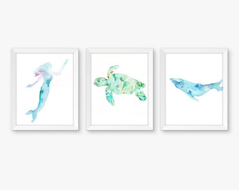 Ocean Dreams Set of 3 Watercolor Prints, Nursery Art, Watercolor Nursery Prints, Animal Paintings, Animal Art, Print Set, Ocean Art