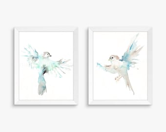 Airy Birds, Set of 2 Watercolor Prints, Nursery Art, Watercolor Nursery Prints, Animal Paintings, Animal Art, Print Set, Forest Animals