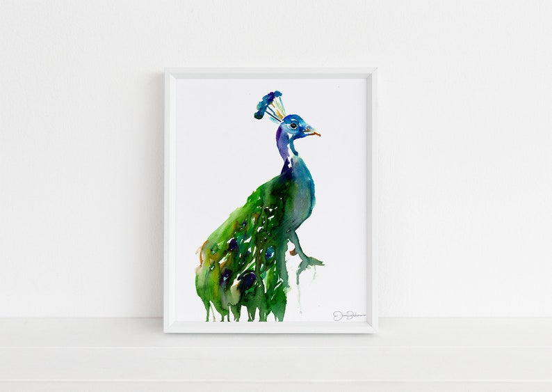 Peacock Watercolor Print Priscilla the Peacock by Jess Buhman, Multiple Sizes, Wall Art, Bird Painting, Home Decor, Choose Your Size image 1