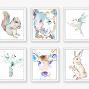 Airy Woodland Set of 6 Watercolor Prints, Nursery Art, Watercolor Nursery Prints, Animal Paintings, Animal Art, Print Set, Forest Animals