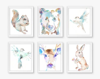 Airy Woodland Set of 6 Watercolor Prints, Nursery Art, Watercolor Nursery Prints, Animal Paintings, Animal Art, Print Set, Forest Animals