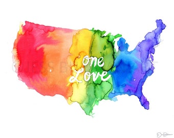 Watercolor Gay Pride Instant Download, "One Love" by Jess Buhman, Rainbow Map, Celebrate Love,  8 x 10 Digital File