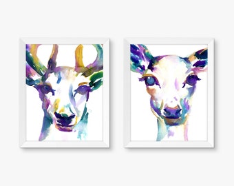 Deer Duo, Set of 2 Watercolor Prints, Buck Painting, Deer Painting, Colorful Art, Watercolor Art, Wedding 8" x 10" prints His and Hers
