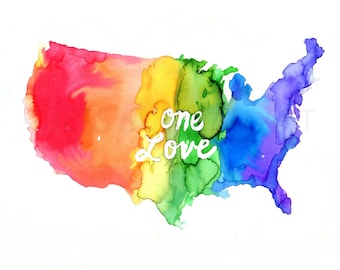 Watercolor Gay Pride Print, "One Love" by Jess Buhman, Rainbow Map, Celebrate Love,  8 x 10 Print