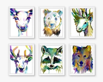 Bold Woodland Set of 6 Watercolor Prints, Nursery Art, Watercolor Nursery Prints, Animal Paintings, Animal Art, Print Set, Zoo Animal Prints