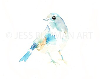 Theo  by Jessica Buhman Print of Watercolor Painting, Yellow Blue Green Bird