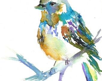 Print of Original Watercolor Painting, Titled: Winter Bird by Jessica Buhman Yellow Bird Green Purple Blue