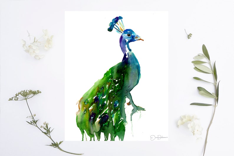 Peacock Watercolor Print Priscilla the Peacock by Jess Buhman, Multiple Sizes, Wall Art, Bird Painting, Home Decor, Choose Your Size image 3