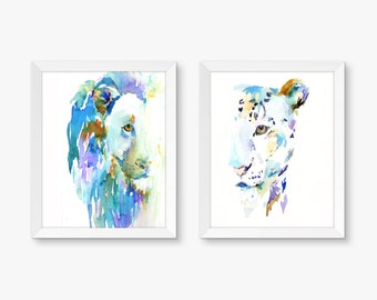 Big Cats Half Face, Set of 2 Watercolor Prints, Lion Painting, Leopard Painting, Big Cats Prints, Watercolor Lion, Cat Art 8" x 10" prints