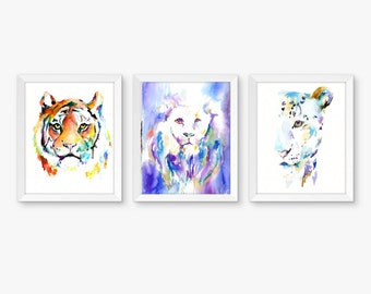 Big Cats Set of 3 Watercolor Prints, Nursery Art, Watercolor Nursery Prints, Animal Paintings, Animal Art, Print Set, Jungle Prints