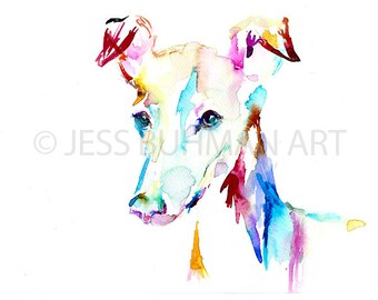 Print of Watercolor Painting "Trevi" 8 x 10 Pet Dog Painting Miniature Greyhound Puppy Blue Purple