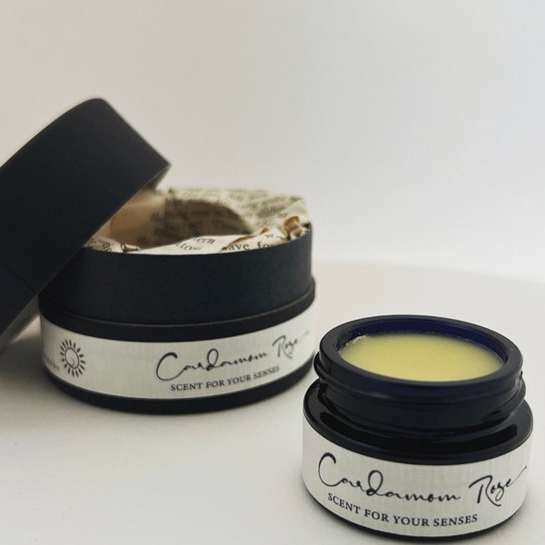 Cardamom Rose Solid Perfume. Premium natural Absolutes & Essential Oils. Vegan Solid Perfume. Exotic uplifting Floral and Spice scent. Vegan