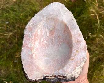 Vintage Pink Agate Bowl, Organic Freeform Gemstone Dish with Plume Formations, Hand-Carved Jewellery Dish.