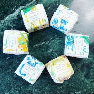May include: Five square bars of Natural Wisdom personal care products wrapped in paper with botanical illustrations. The labels include Unscented Shampoo & Body Wash Bar, Blue Jungle Shampoo & Body Wash Bar, Yuzu Zing Shampoo & Body Wash Bar, Bounce Caffeine Shampoo & Body Wash Bar, Blue Jungle Conditioner & Shaving Cream Bar, and Vanilla Oatmeal Facial Cleanser.