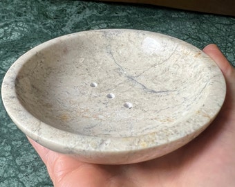 Natural round Marble soap saver dish. Stone marble soap dish. Creamy marble bowl with drainage holes.