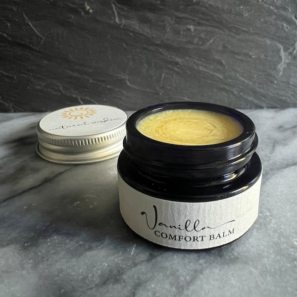 Vanilla Comfort  Balm. 100% natural, organic & vegan. Small batch made with real Vanilla CO2 extract. A comforting wellbeing gift.