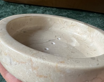 Natural round Marble soap saver dish. Chunky marble dish with drainage holes.