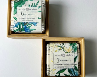 Natural Shampoo & Conditioner Bar Set in Bamboo Box, Travel Storage.