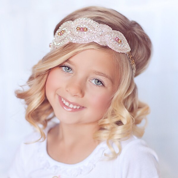 Pink and Gold Headband, Tiara Headband, Flower Girl Headband, Rhinestone Headband, Bridal Headband, Crystal Headband, Rhinestone Tiara