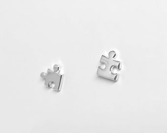 Small PUZZLE Piece Earrings. Handmade 925 Sterling SILVER Interlocking Jigsaw Puzzle Studs. Mismatched Earrings. Autism Awareness Jewelry.