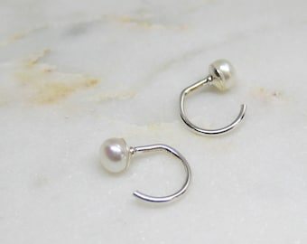 Hug Hoops with Freshwater Pearls. Dainty Huggie Hoop Earrings. Handmade Recycled Sterling Silver or Gold-filled Small Open Hoops with Pearl.