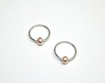Sleeper Hoops with Freshwater Pearls. Dainty Permanent Hoop Earrings. Handmade Recycled Sterling Silver or 14k Gold-filled Hoops with Pearl.