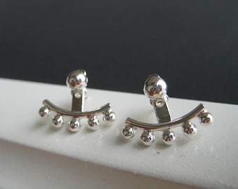 Sterling SILVER Ear Jacket. 5 Silver Balls Double Sided Earrings + silver studs. MINIMALIST Front Back Earrings + mini Silver Ball Studs.